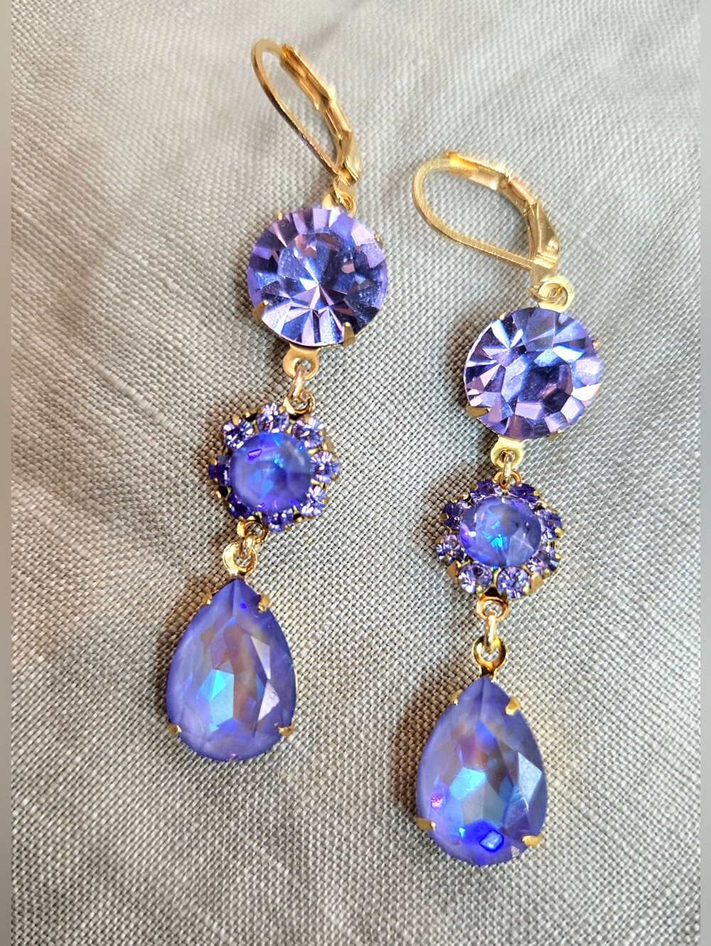Victorian Lavender Paradise In Large Swarovski Crystals In Gold Plated Earrings